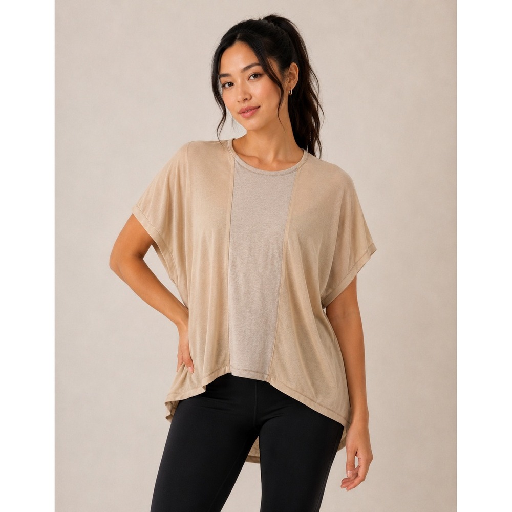 Chloe K Womens Mixed Media High Low Top Beige Tan Dolman Short Sleeve Large